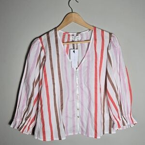 Velvet By Graham & Spencer Striped V-Neck Blouse - Pink, Brown, White, NWT